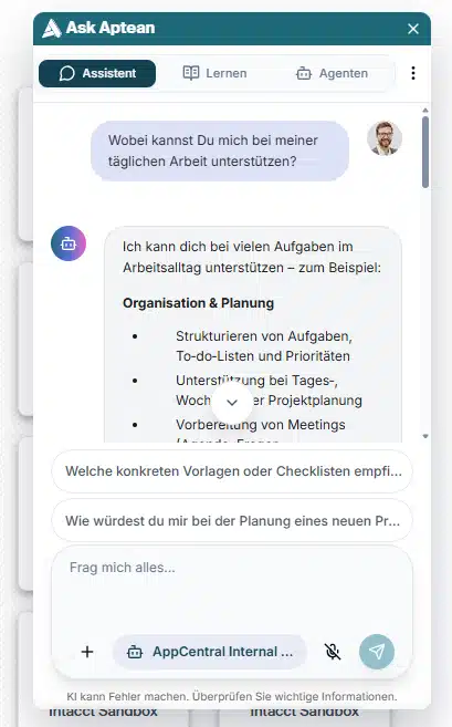 Integrierter GenAI-Assistent zur Unterstützung der täglichen Arbeit mit den Anwendungen